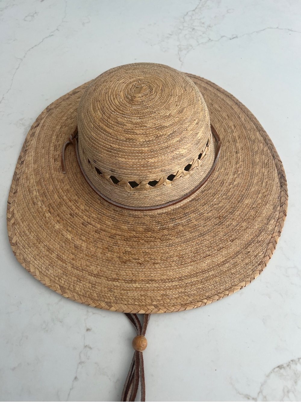 TULA | Straw Sun Hat Vented Lattice Crown Leather Chin Strap Approx 22” S/M